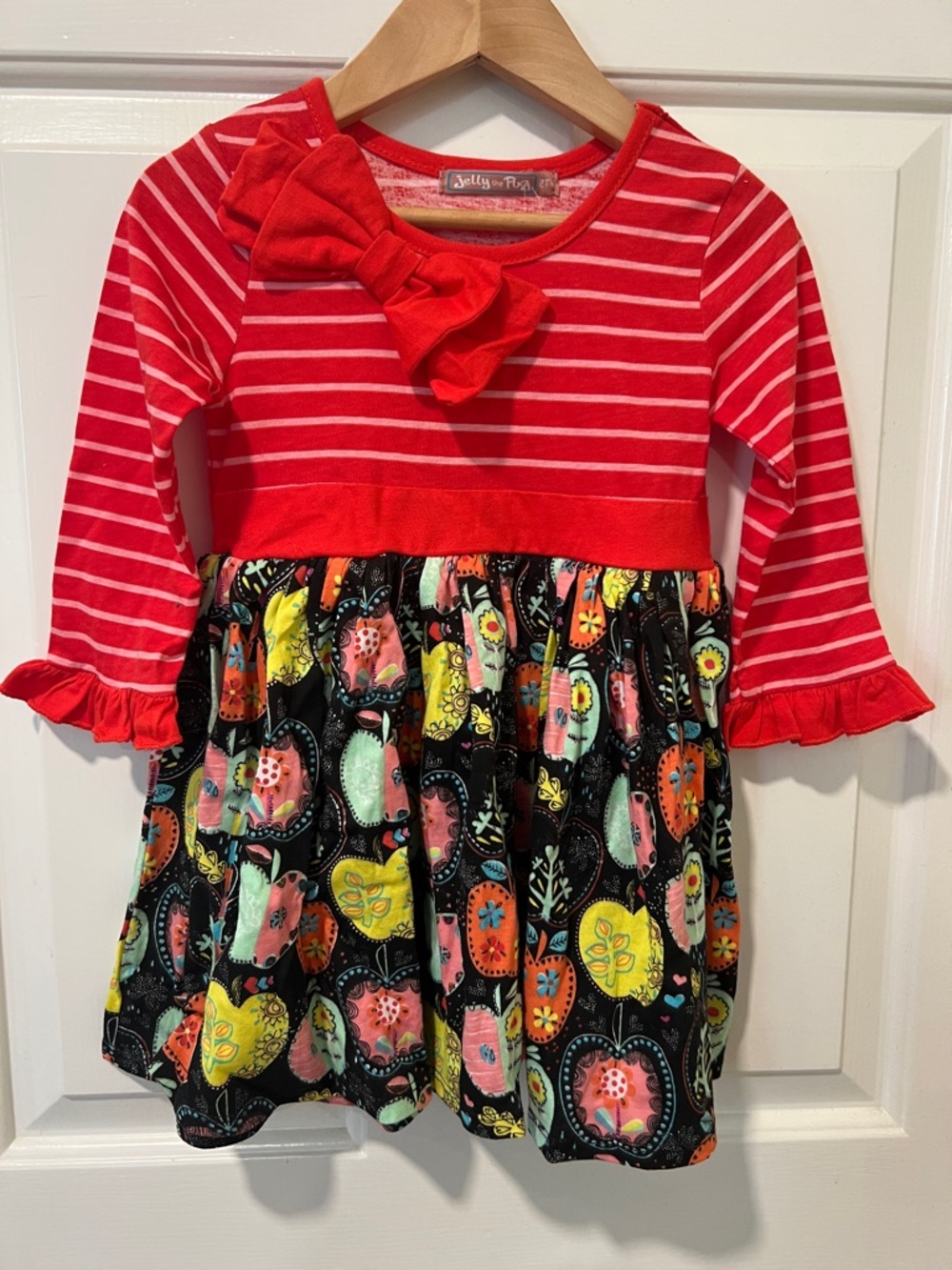 Jelly The Pug Red Striped Multicolor Floral Apple Print Girls Dress